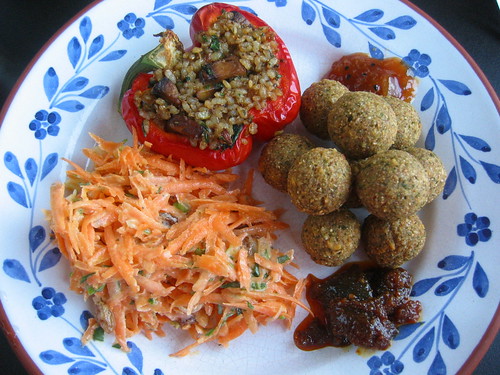 Falafel, carrot salad, stuffed red pepper